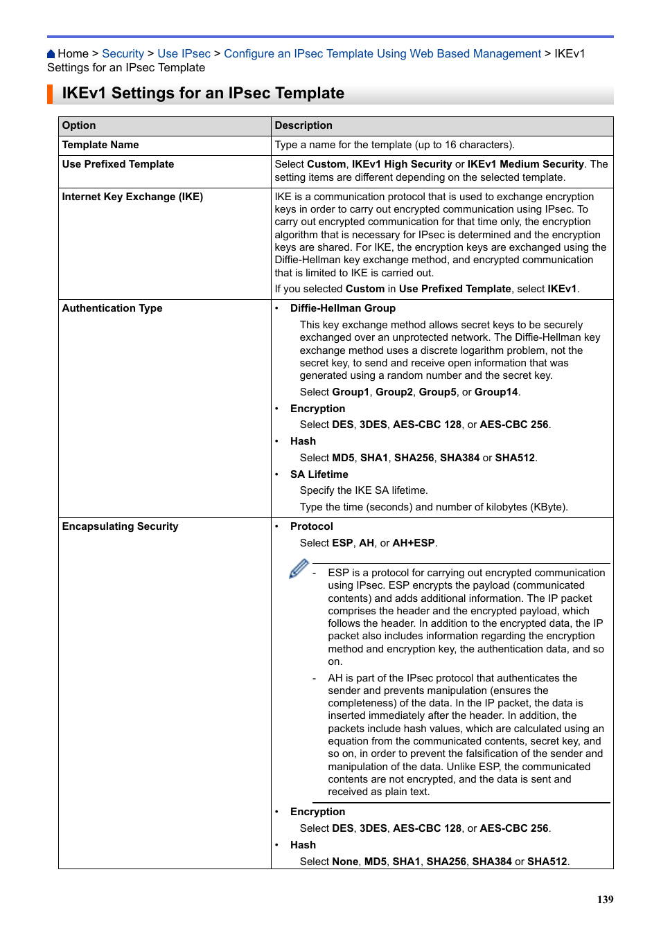 Ikev1 settings for an ipsec template | Brother HLL9410CDN Enterprise Color Laser Printer User Manual | Page 144 / 334