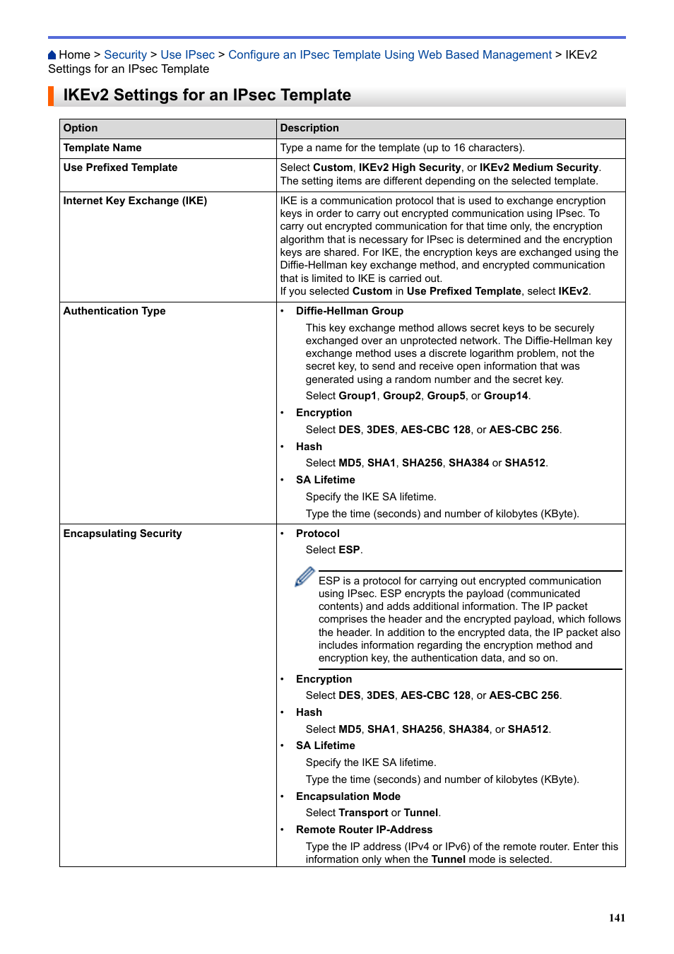 Ikev2 settings for an ipsec template | Brother HLL9410CDN Enterprise Color Laser Printer User Manual | Page 146 / 334