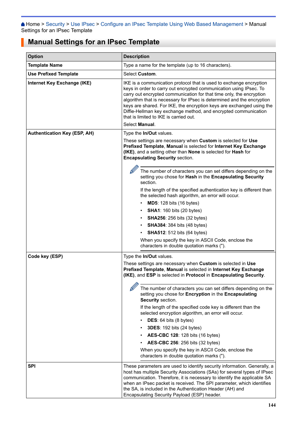 Manual settings for an ipsec template | Brother HLL9410CDN Enterprise Color Laser Printer User Manual | Page 149 / 334
