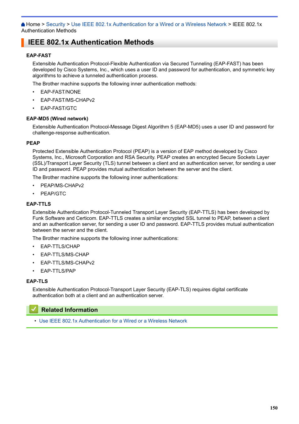 Ieee 802.1x authentication methods | Brother HLL9410CDN Enterprise Color Laser Printer User Manual | Page 155 / 334