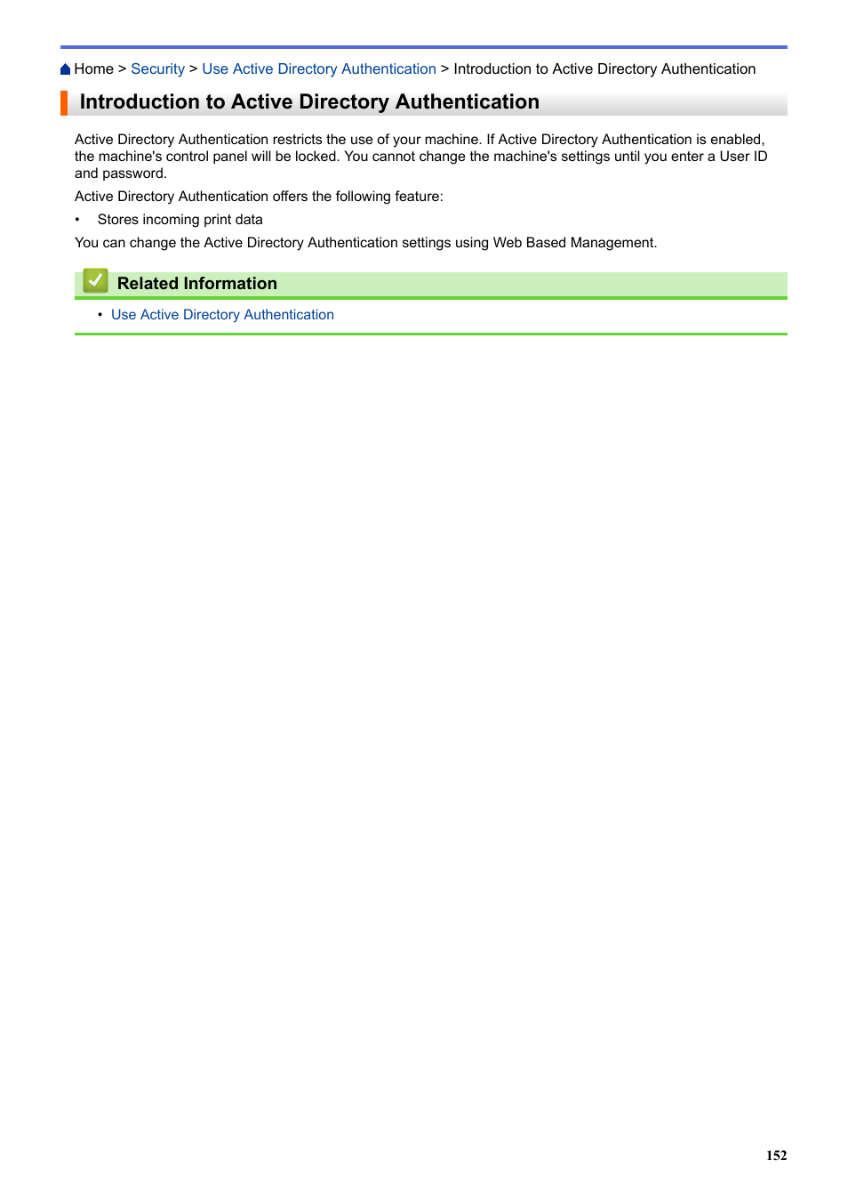 Introduction to active directory authentication | Brother HLL9410CDN Enterprise Color Laser Printer User Manual | Page 157 / 334