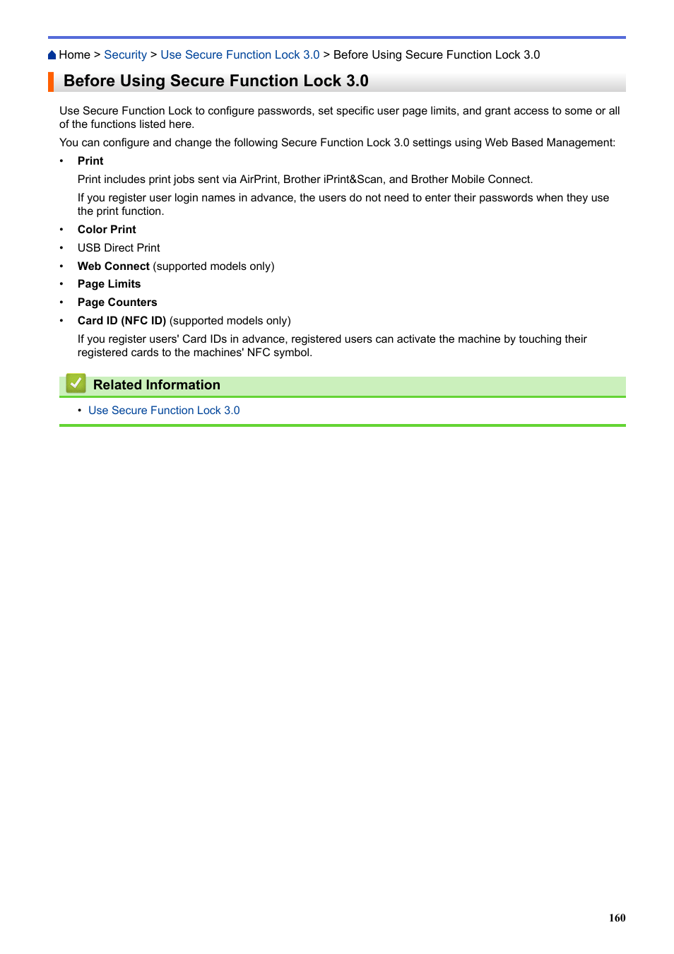 Before using secure function lock 3.0 | Brother HLL9410CDN Enterprise Color Laser Printer User Manual | Page 165 / 334