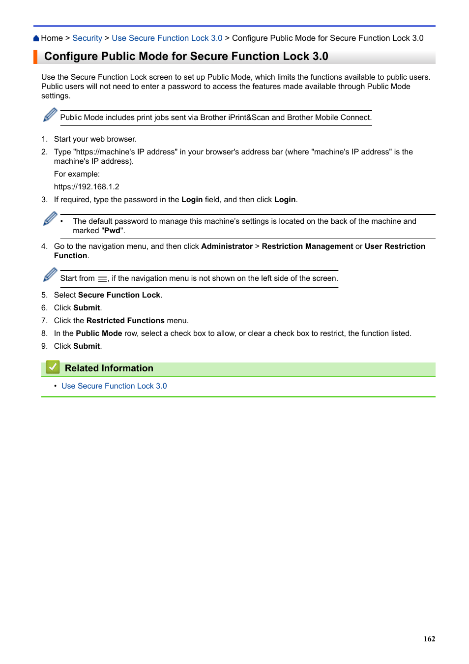 Configure public mode for secure function lock 3.0 | Brother HLL9410CDN Enterprise Color Laser Printer User Manual | Page 167 / 334