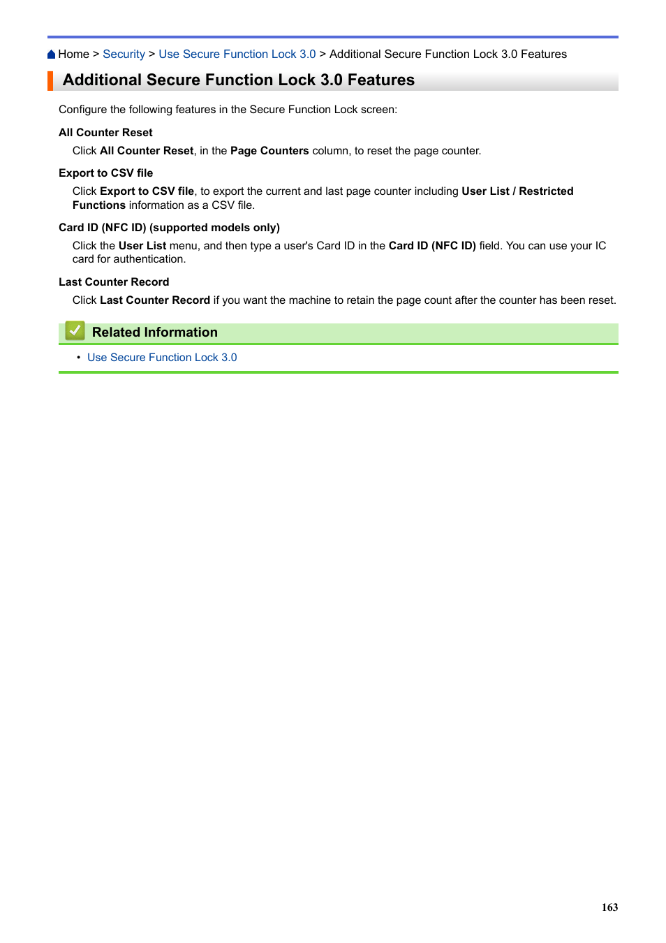 Additional secure function lock 3.0 features | Brother HLL9410CDN Enterprise Color Laser Printer User Manual | Page 168 / 334