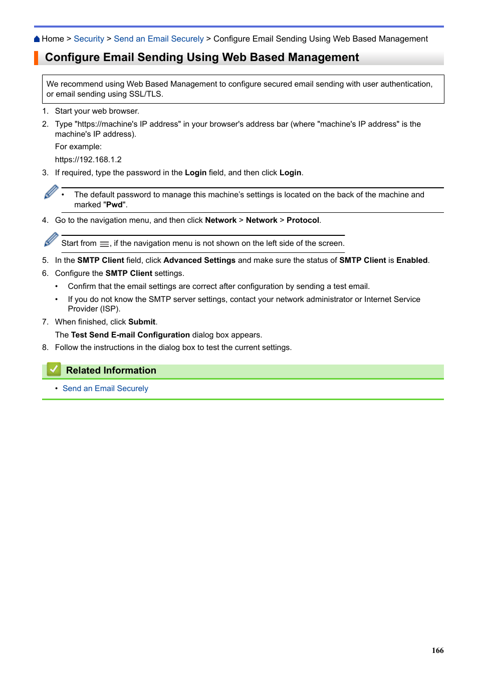 Configure email sending using web based management | Brother HLL9410CDN Enterprise Color Laser Printer User Manual | Page 171 / 334