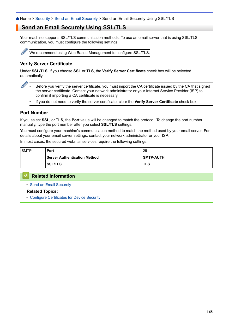 Send an email securely using ssl/tls | Brother HLL9410CDN Enterprise Color Laser Printer User Manual | Page 173 / 334