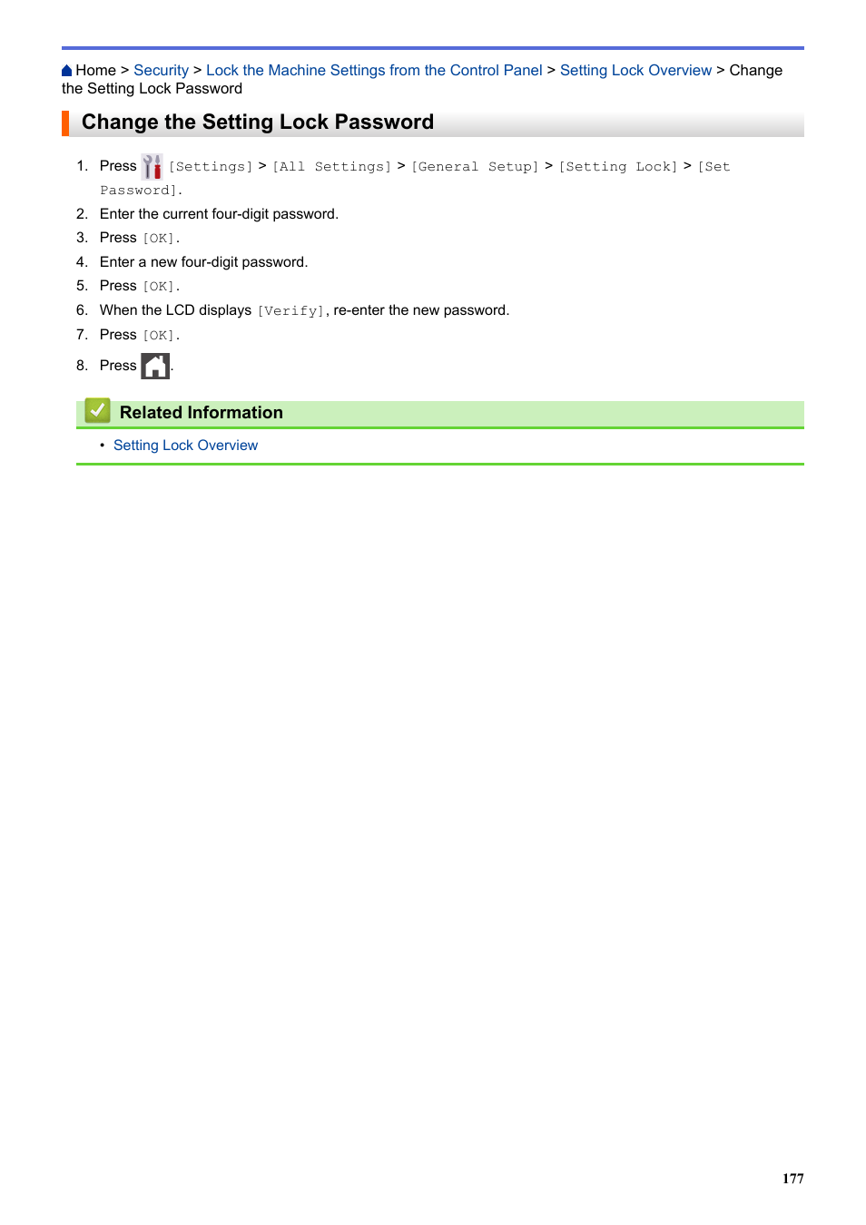 Change the setting lock password | Brother HLL9410CDN Enterprise Color Laser Printer User Manual | Page 182 / 334