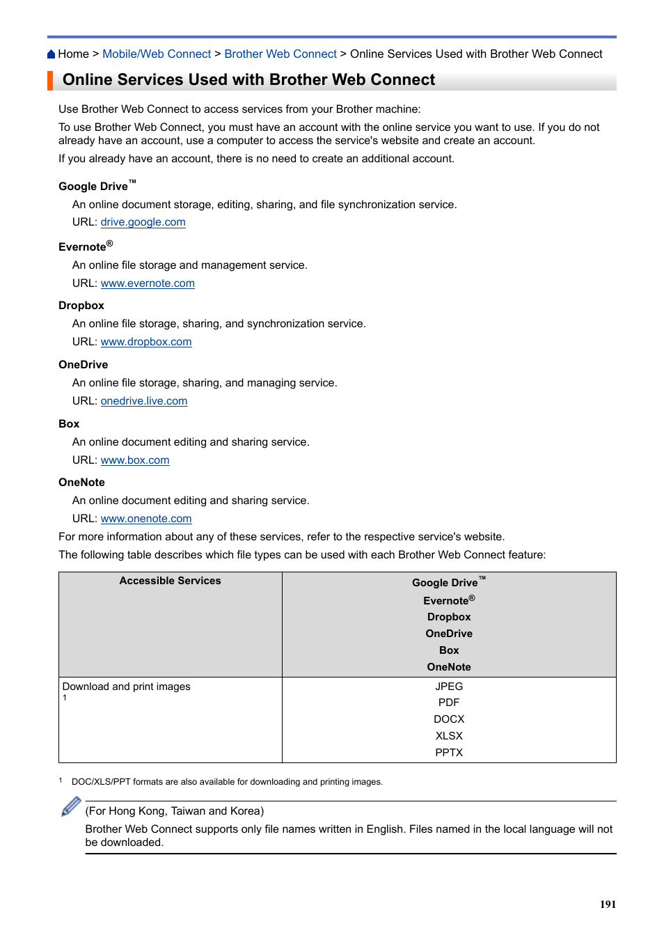 Online services used with brother web connect | Brother HLL9410CDN Enterprise Color Laser Printer User Manual | Page 196 / 334