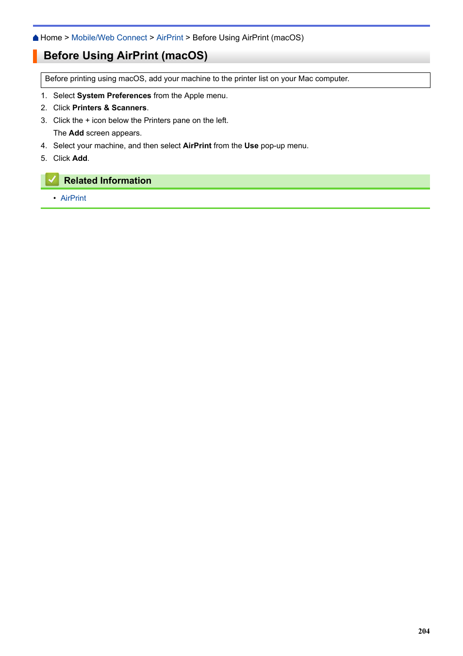 Before using airprint (macos) | Brother HLL9410CDN Enterprise Color Laser Printer User Manual | Page 209 / 334