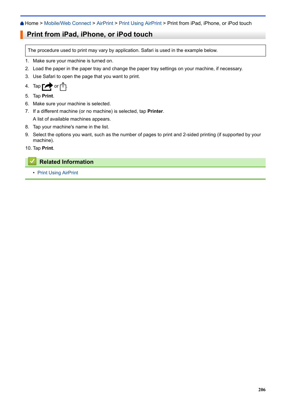 Print from ipad, iphone, or ipod touch | Brother HLL9410CDN Enterprise Color Laser Printer User Manual | Page 211 / 334