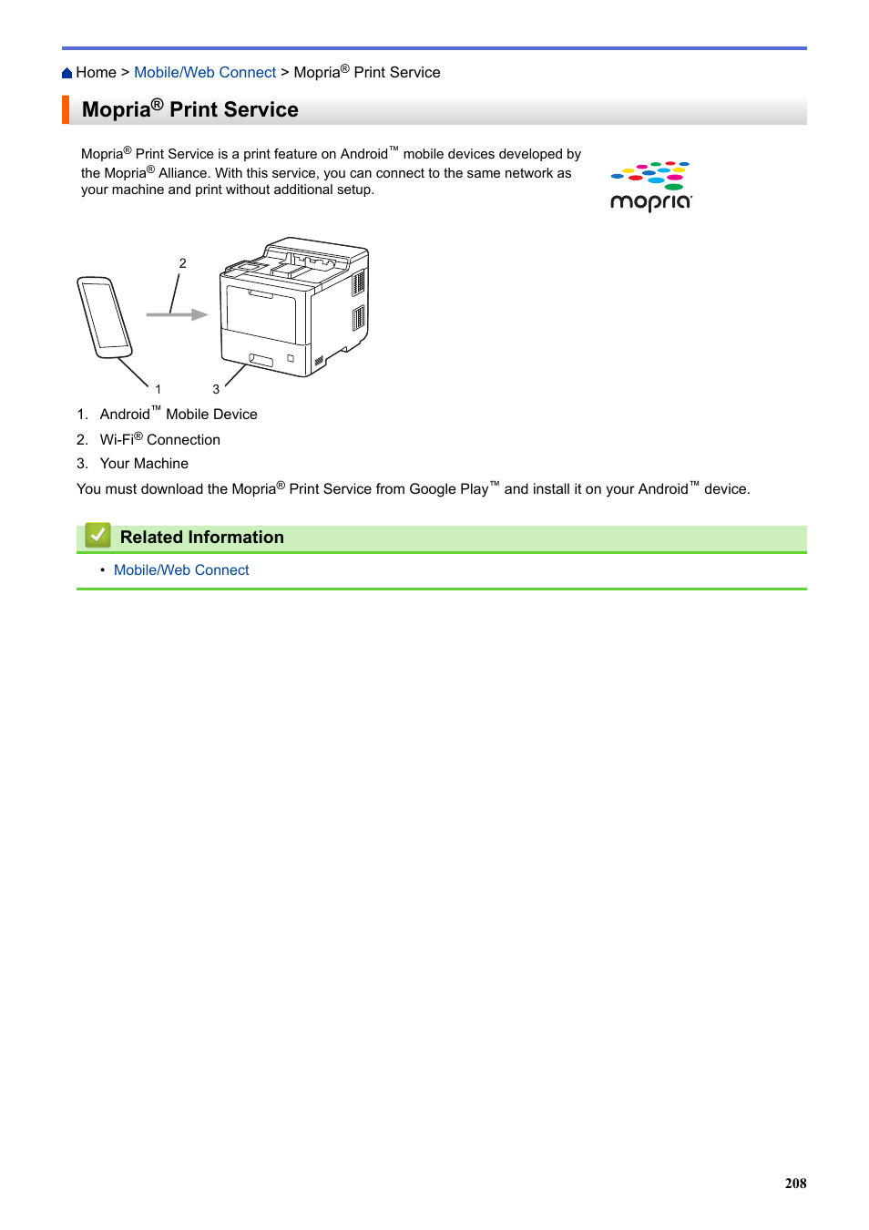 Mopria® print service, Mopria, Print service | Related information | Brother HLL9410CDN Enterprise Color Laser Printer User Manual | Page 213 / 334