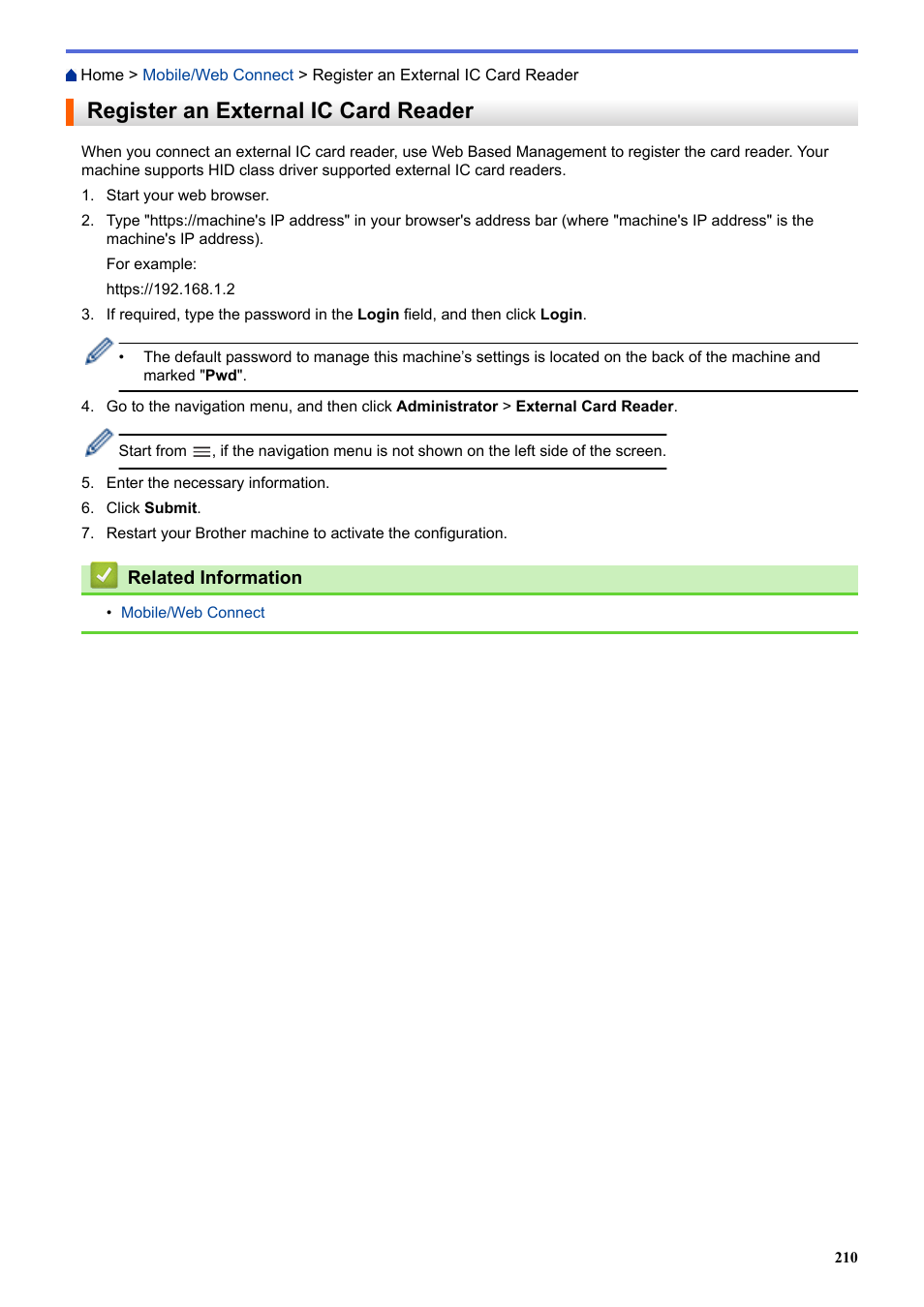 Register an external ic card reader | Brother HLL9410CDN Enterprise Color Laser Printer User Manual | Page 215 / 334