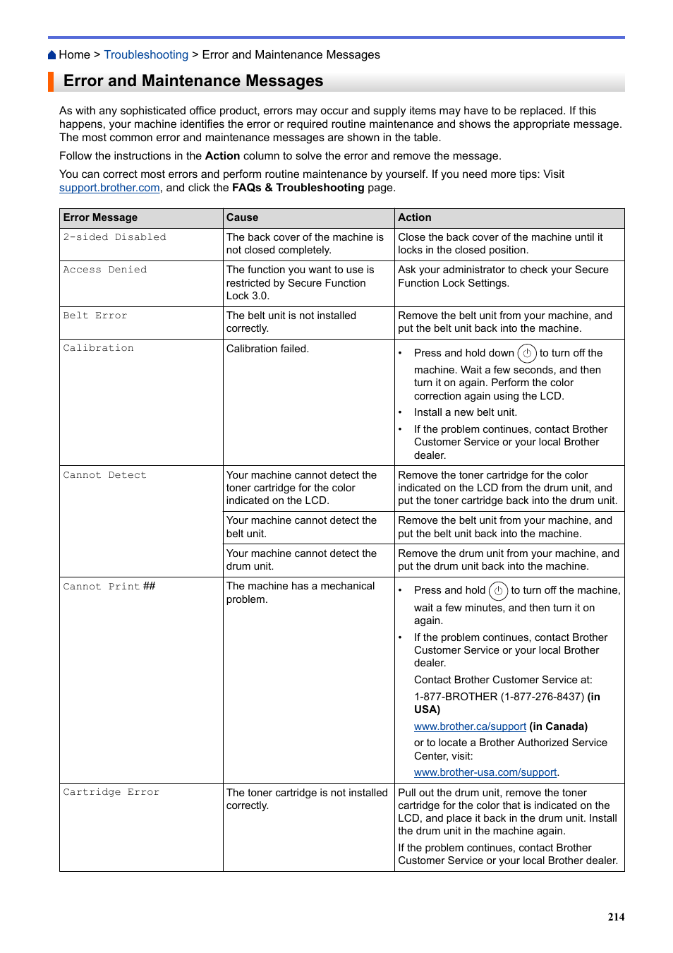 Error and maintenance messages | Brother HLL9410CDN Enterprise Color Laser Printer User Manual | Page 219 / 334