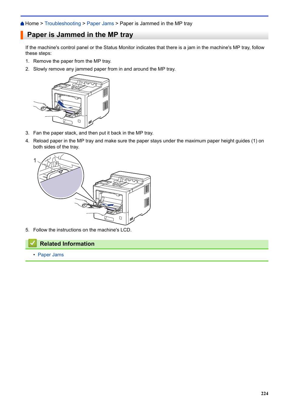 Paper is jammed in the mp tray | Brother HLL9410CDN Enterprise Color Laser Printer User Manual | Page 229 / 334