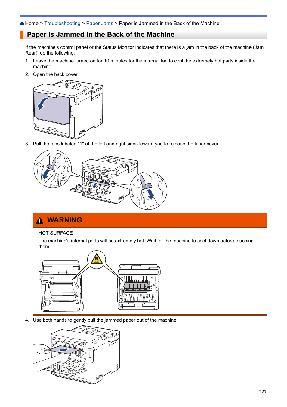 Paper is jammed in the back of the machine, Warning | Brother HLL9410CDN Enterprise Color Laser Printer User Manual | Page 232 / 334