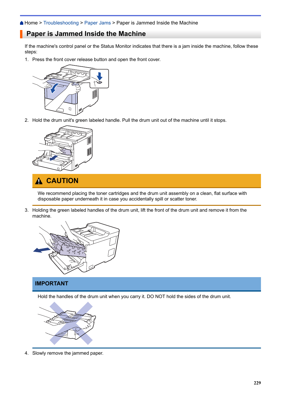 Paper is jammed inside the machine, Caution | Brother HLL9410CDN Enterprise Color Laser Printer User Manual | Page 234 / 334