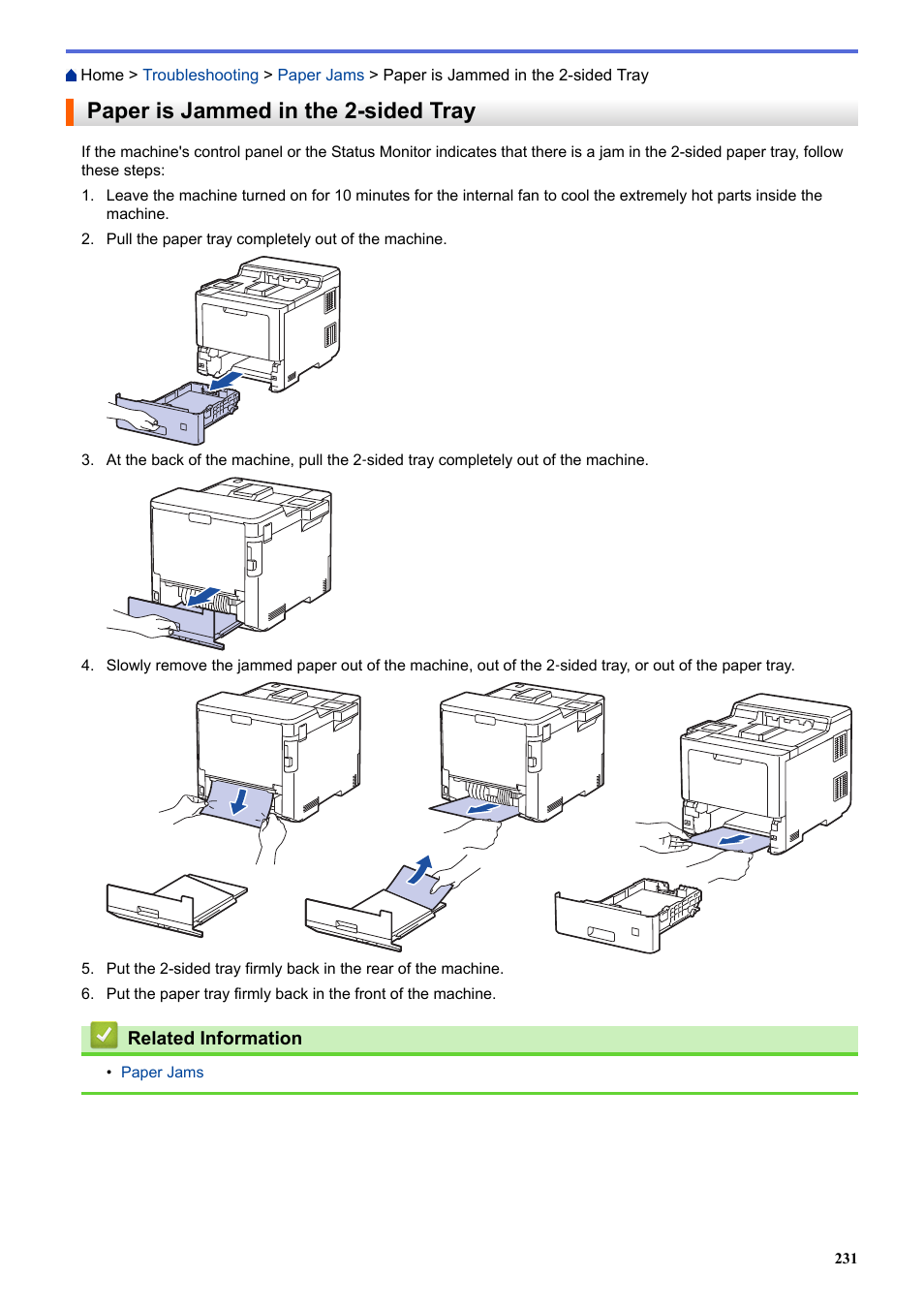 Paper is jammed in the 2-sided tray | Brother HLL9410CDN Enterprise Color Laser Printer User Manual | Page 236 / 334