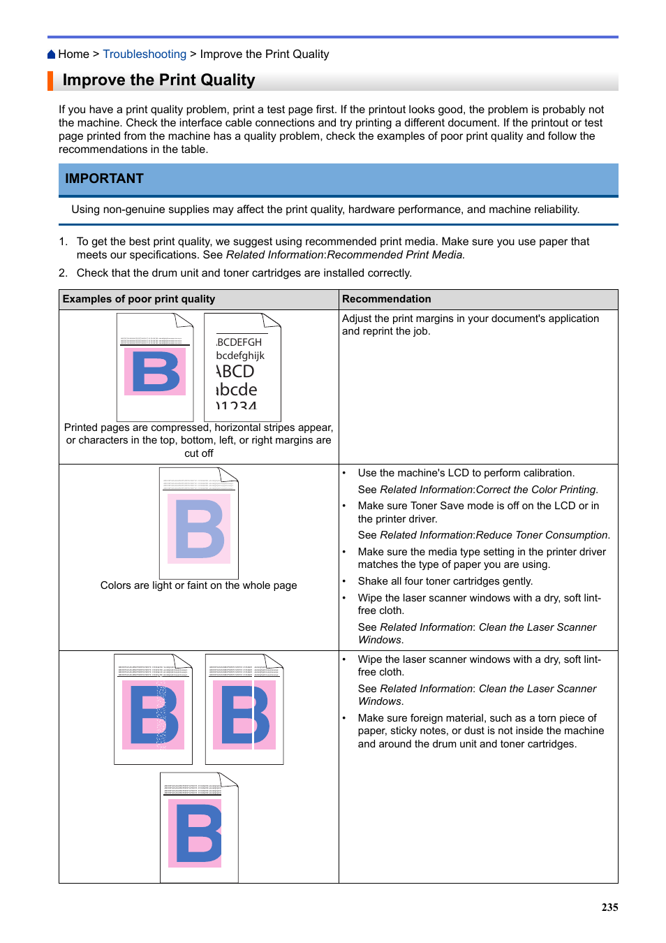 Improve the print quality, Important | Brother HLL9410CDN Enterprise Color Laser Printer User Manual | Page 240 / 334