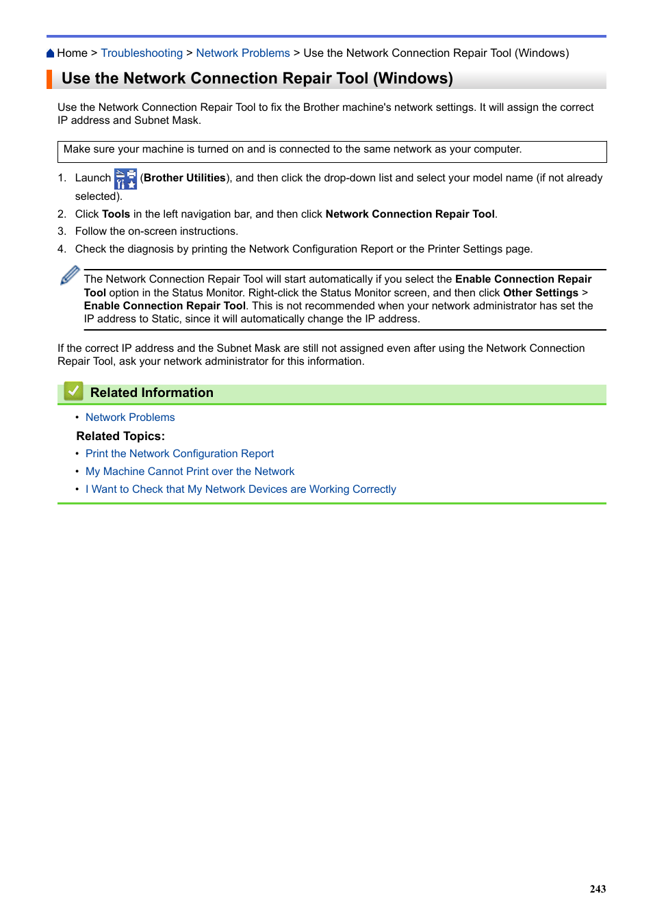 Use the network connection repair tool (windows) | Brother HLL9410CDN Enterprise Color Laser Printer User Manual | Page 248 / 334