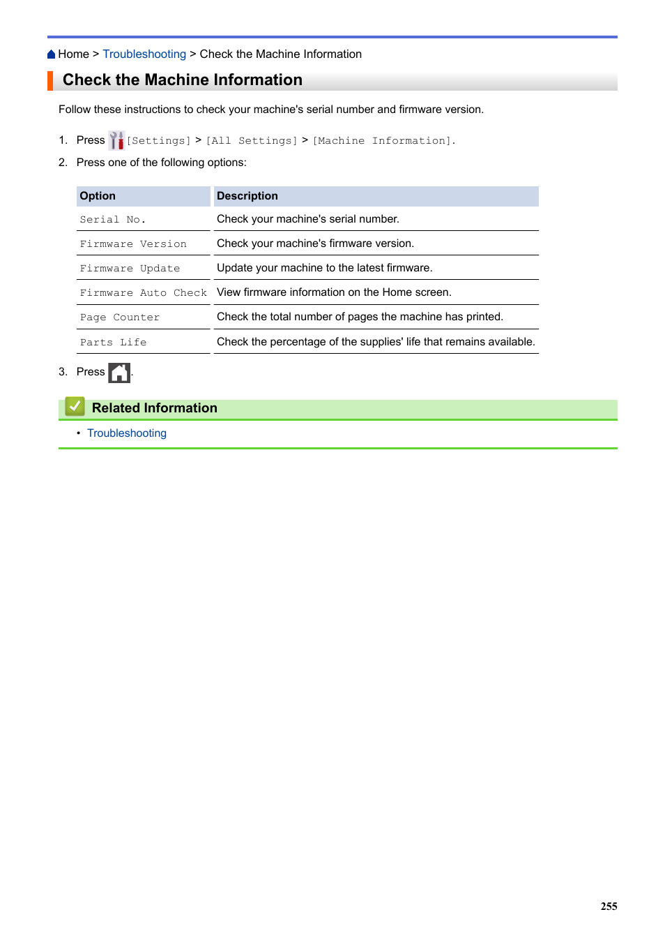 Check the machine information | Brother HLL9410CDN Enterprise Color Laser Printer User Manual | Page 260 / 334