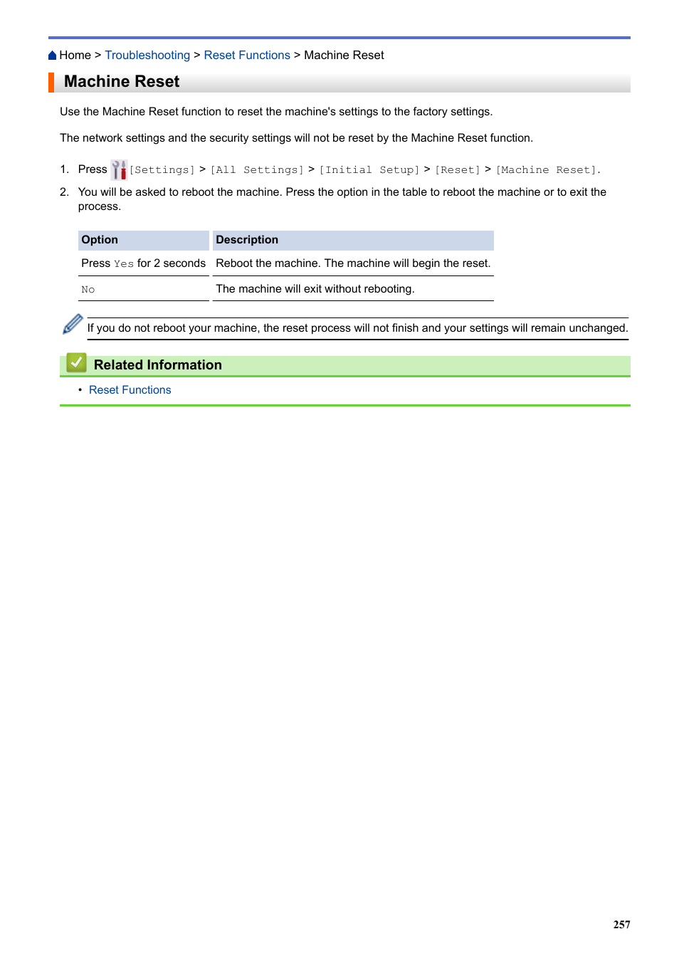 Machine reset | Brother HLL9410CDN Enterprise Color Laser Printer User Manual | Page 262 / 334