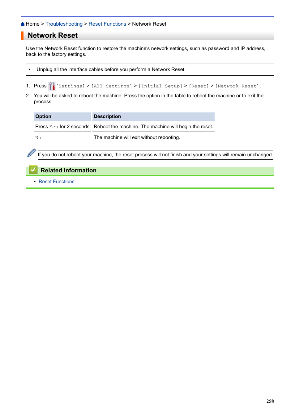 Network reset | Brother HLL9410CDN Enterprise Color Laser Printer User Manual | Page 263 / 334