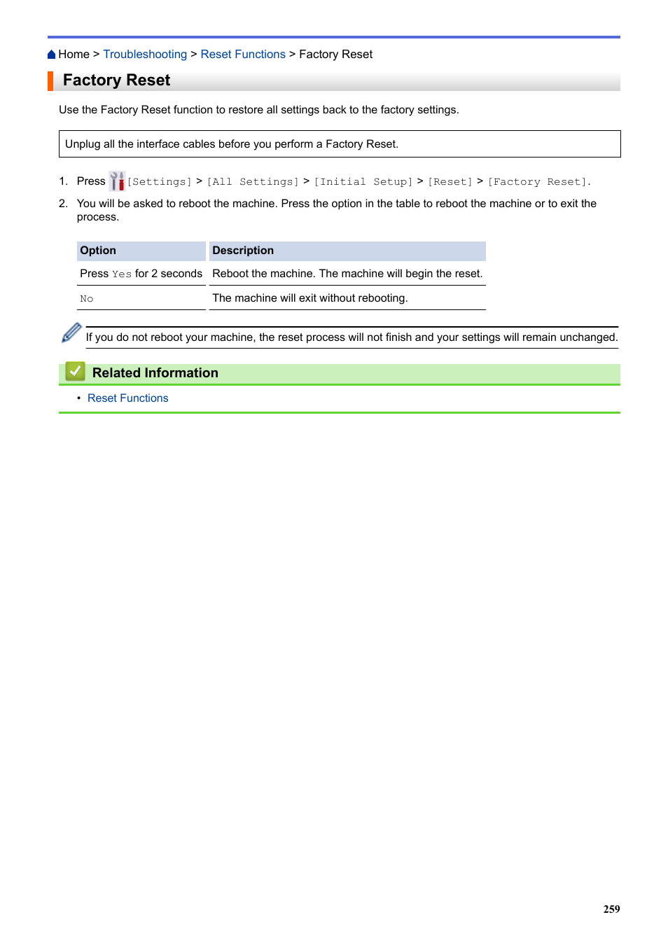 Factory reset | Brother HLL9410CDN Enterprise Color Laser Printer User Manual | Page 264 / 334