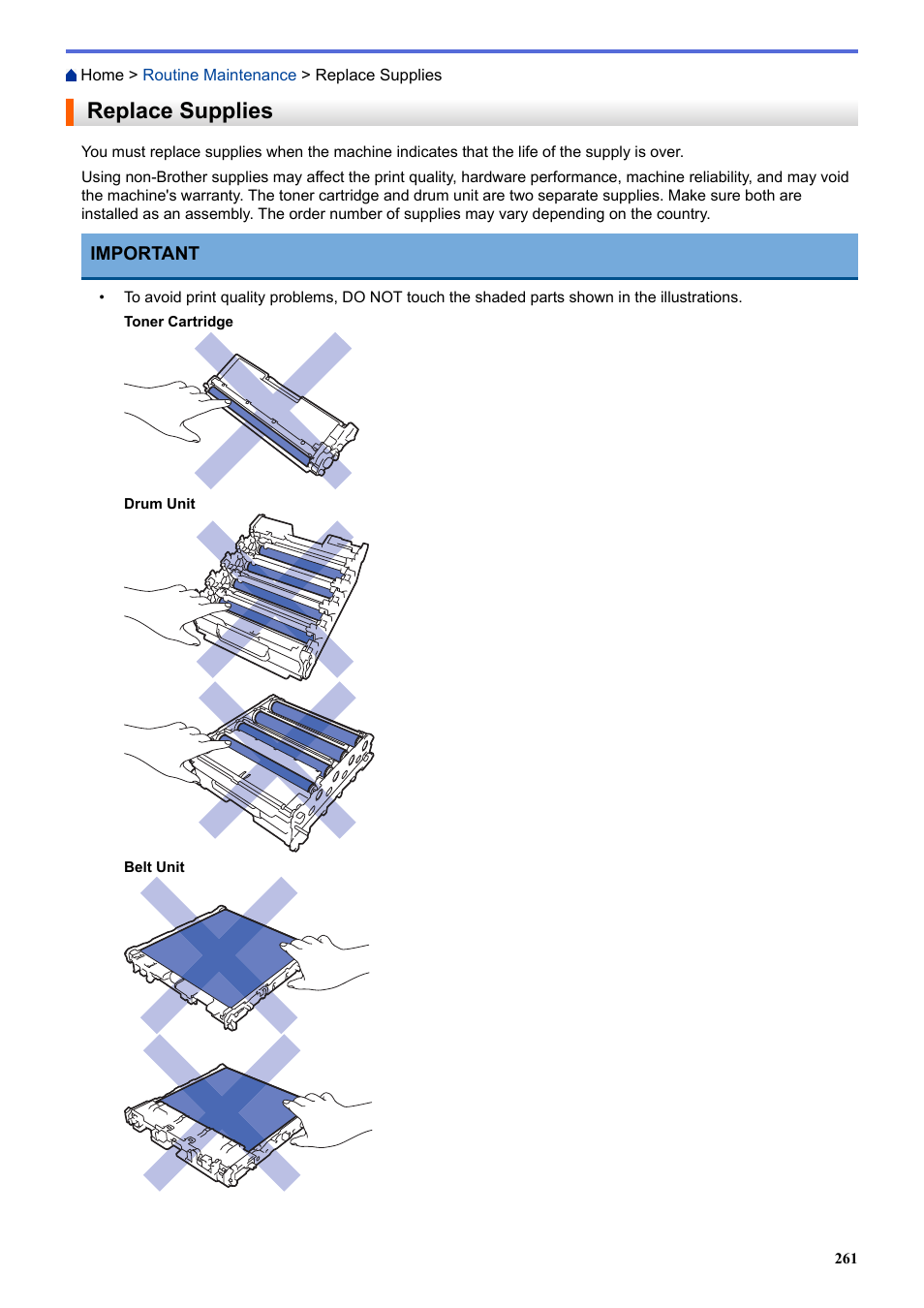Replace supplies | Brother HLL9410CDN Enterprise Color Laser Printer User Manual | Page 266 / 334
