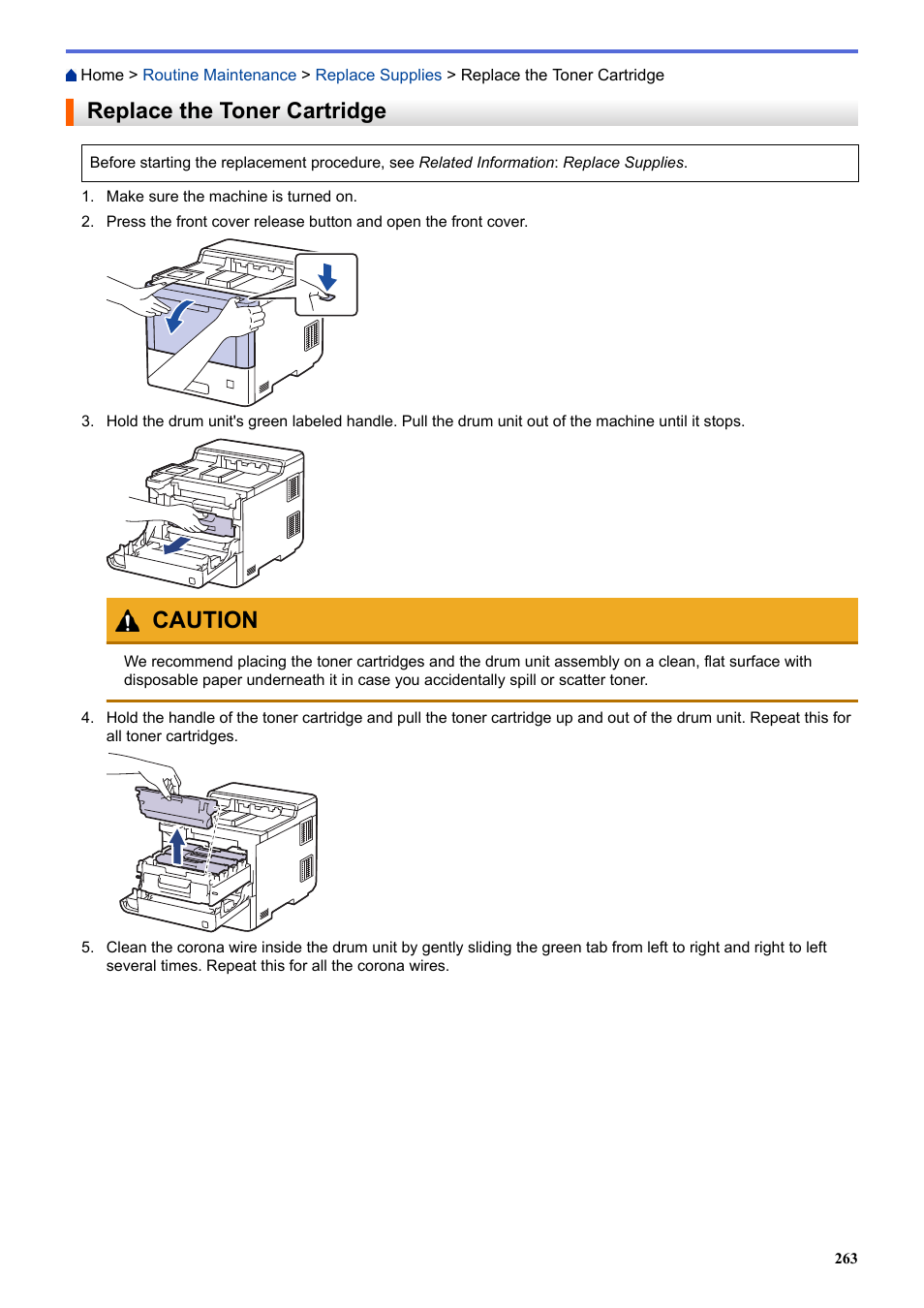Replace the toner cartridge, Caution | Brother HLL9410CDN Enterprise Color Laser Printer User Manual | Page 268 / 334