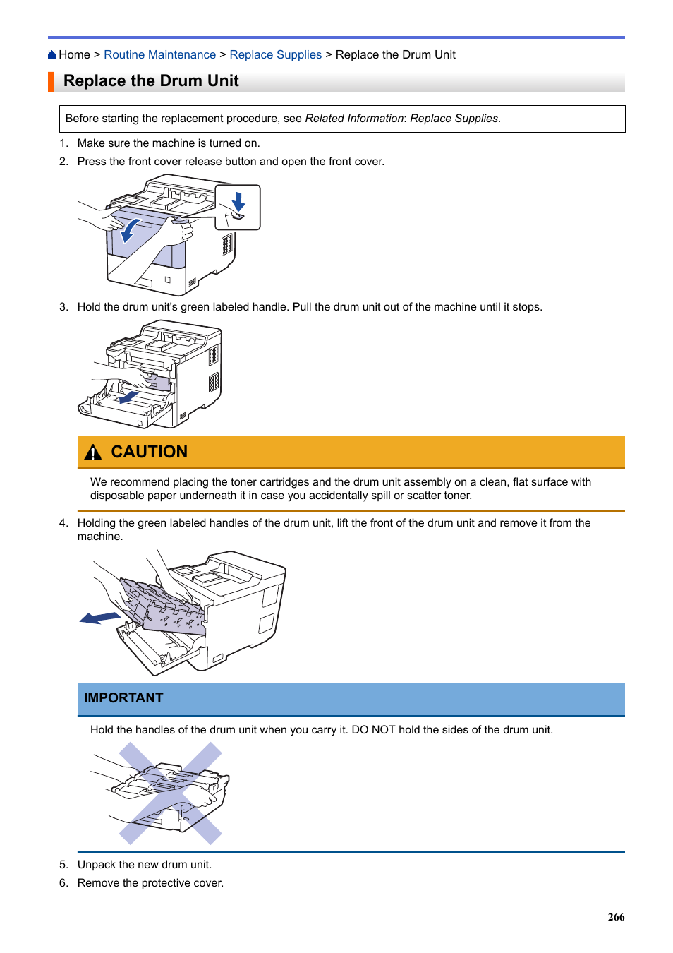 Replace the drum unit, Caution | Brother HLL9410CDN Enterprise Color Laser Printer User Manual | Page 271 / 334