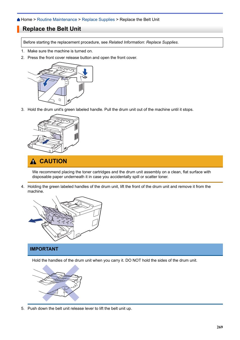 Replace the belt unit, Caution | Brother HLL9410CDN Enterprise Color Laser Printer User Manual | Page 274 / 334