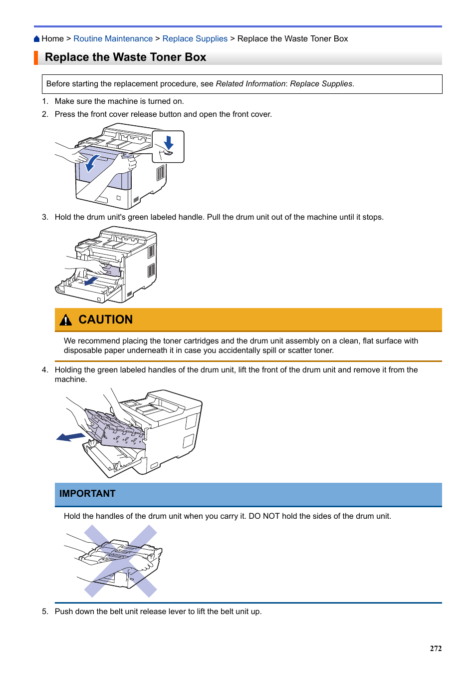 Replace the waste toner box, Caution | Brother HLL9410CDN Enterprise Color Laser Printer User Manual | Page 277 / 334