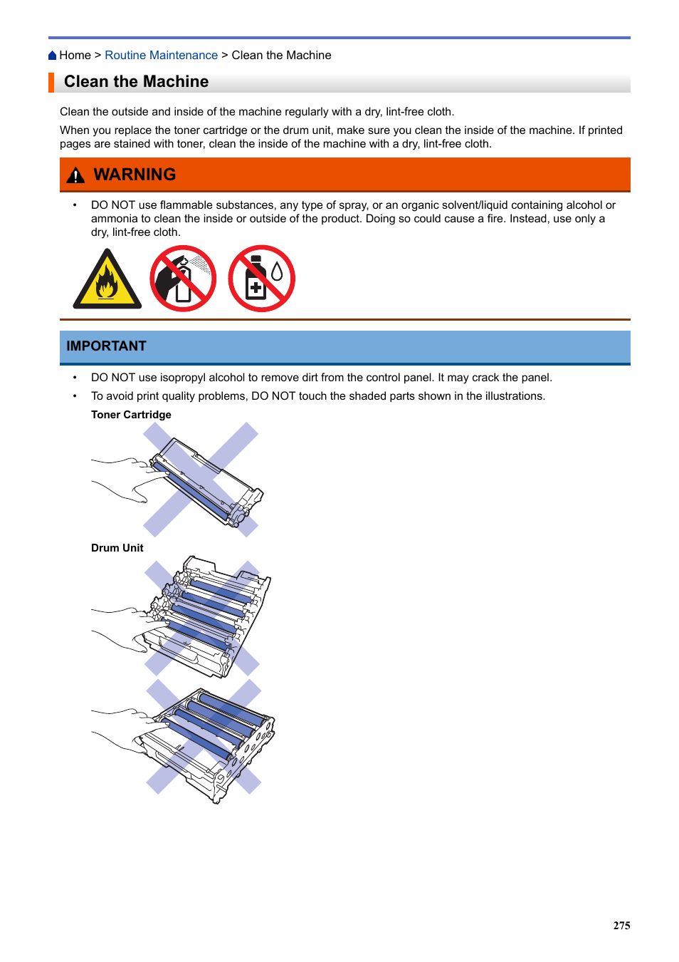 Clean the machine, Warning | Brother HLL9410CDN Enterprise Color Laser Printer User Manual | Page 280 / 334