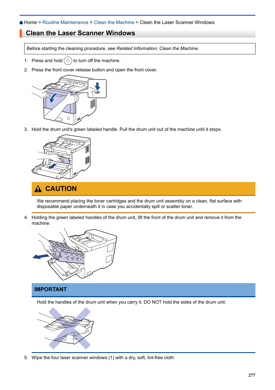 Clean the laser scanner windows, Caution | Brother HLL9410CDN Enterprise Color Laser Printer User Manual | Page 282 / 334