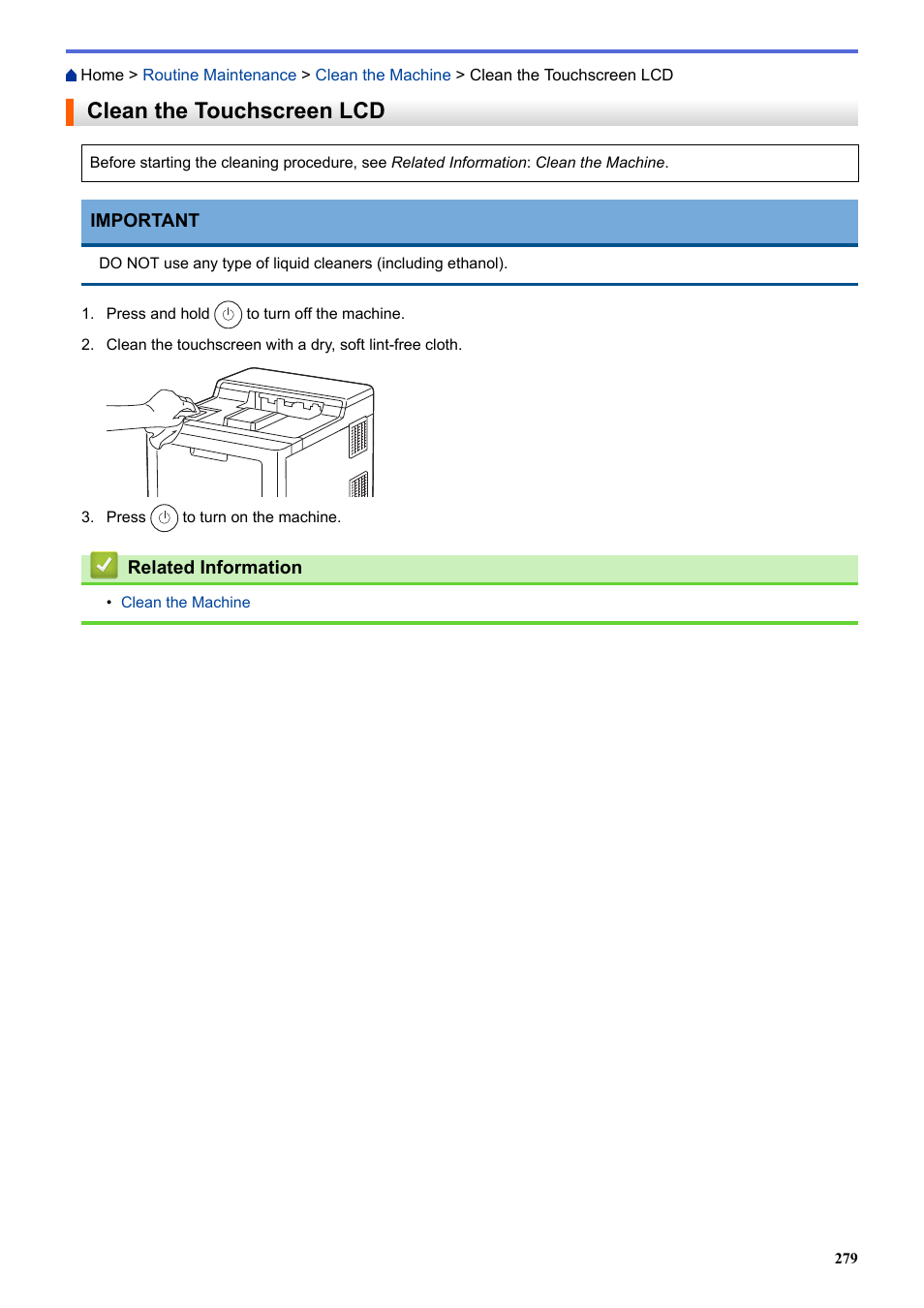 Clean the touchscreen lcd | Brother HLL9410CDN Enterprise Color Laser Printer User Manual | Page 284 / 334