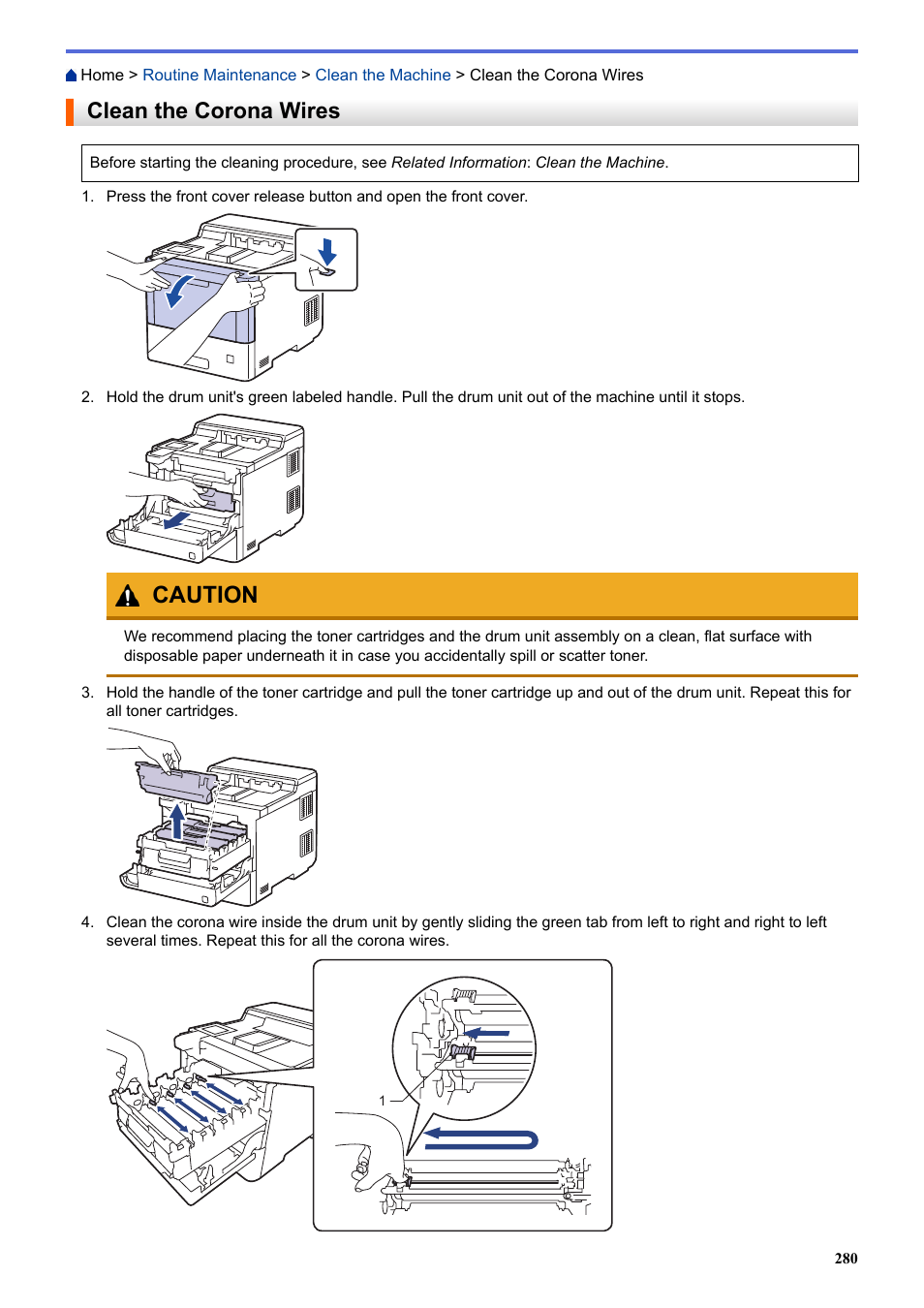 Clean the corona wires, Caution | Brother HLL9410CDN Enterprise Color Laser Printer User Manual | Page 285 / 334