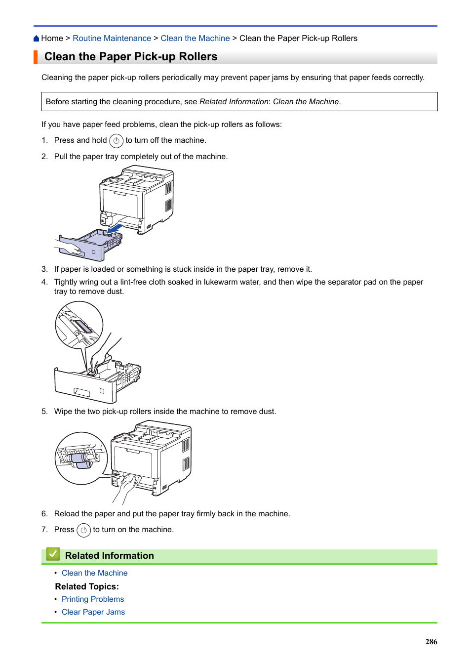 Clean the paper pick-up rollers | Brother HLL9410CDN Enterprise Color Laser Printer User Manual | Page 291 / 334