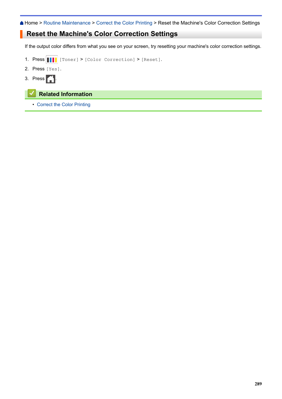 Reset the machine's color correction settings | Brother HLL9410CDN Enterprise Color Laser Printer User Manual | Page 294 / 334