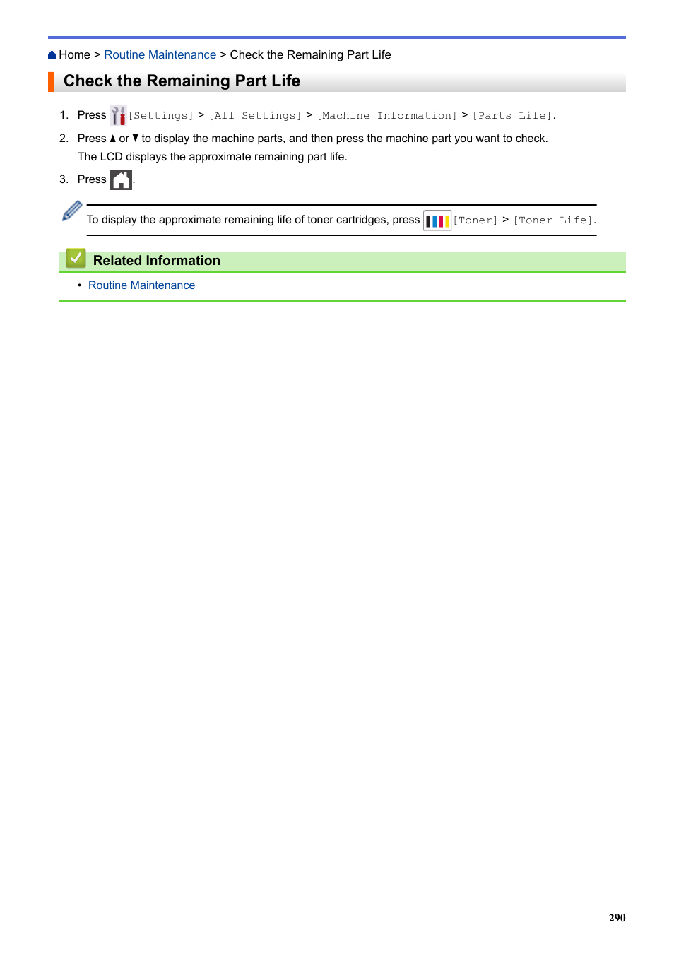 Check the remaining part life | Brother HLL9410CDN Enterprise Color Laser Printer User Manual | Page 295 / 334