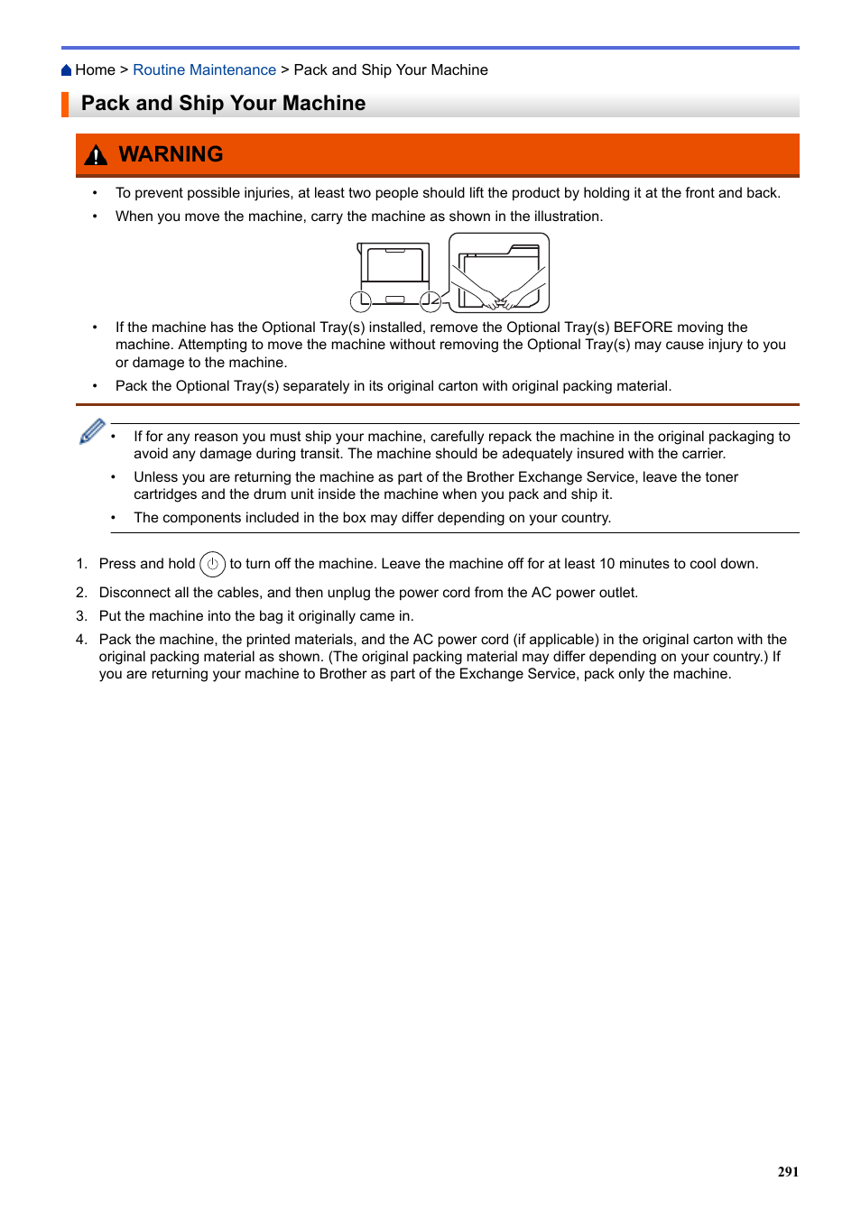 Pack and ship your machine, Warning | Brother HLL9410CDN Enterprise Color Laser Printer User Manual | Page 296 / 334