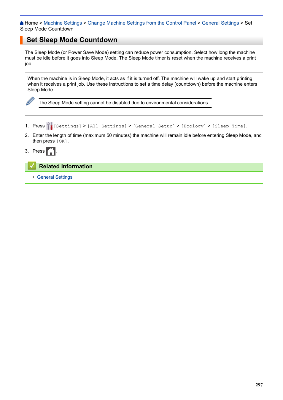 Set sleep mode countdown | Brother HLL9410CDN Enterprise Color Laser Printer User Manual | Page 302 / 334