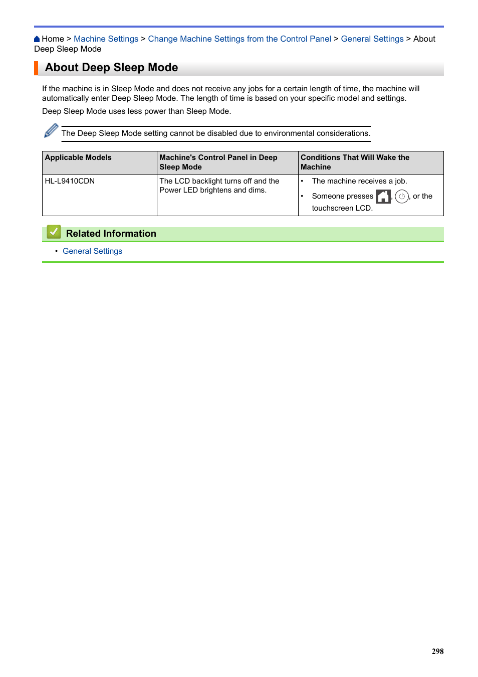 About deep sleep mode | Brother HLL9410CDN Enterprise Color Laser Printer User Manual | Page 303 / 334
