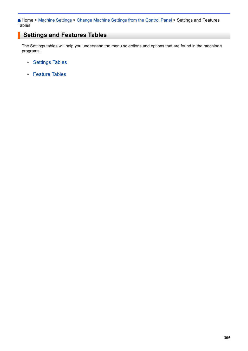 Settings and features tables | Brother HLL9410CDN Enterprise Color Laser Printer User Manual | Page 310 / 334