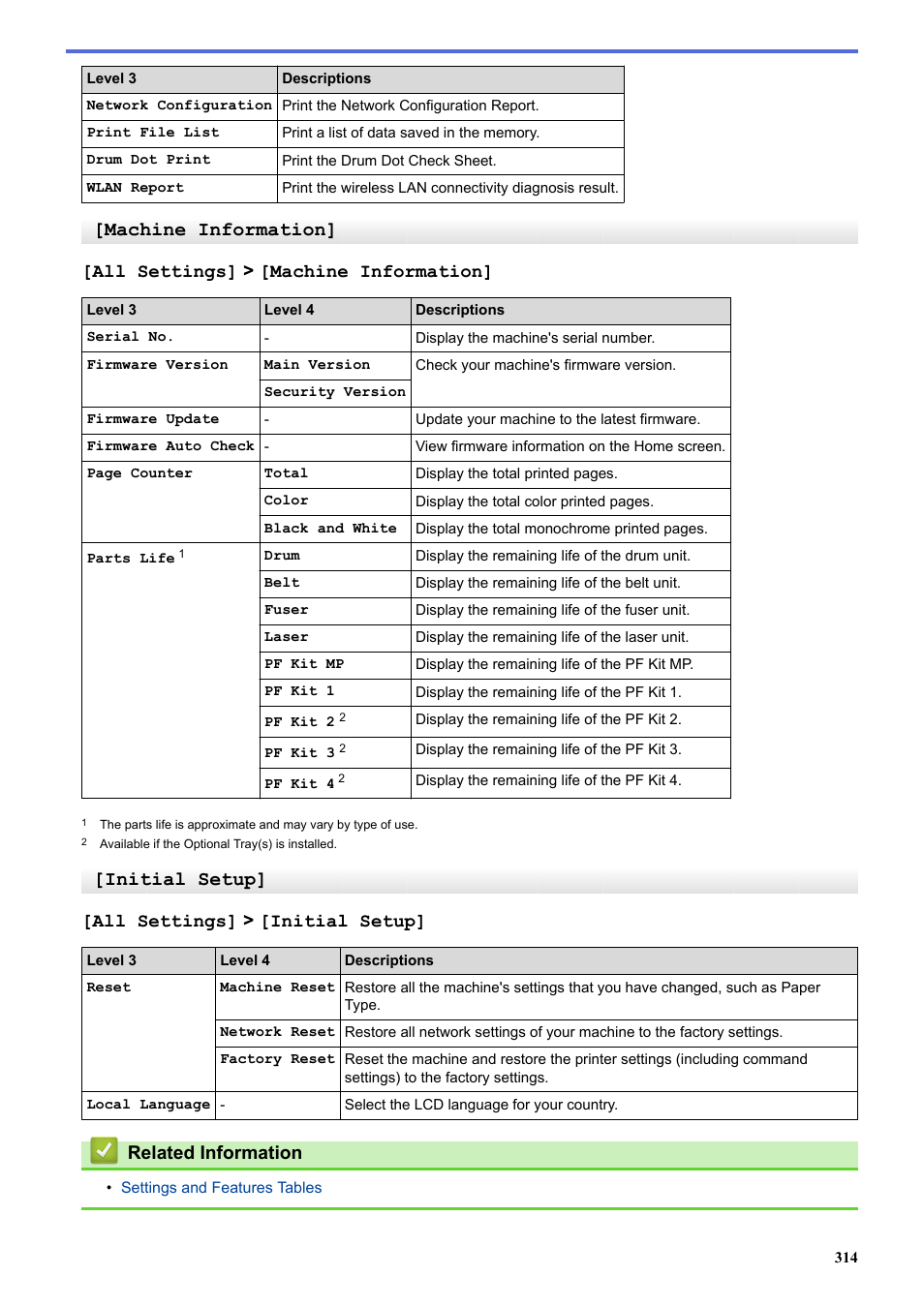 Machine information, Initial setup, All settings] > [machine information | All settings] > [initial setup, Related information | Brother HLL9410CDN Enterprise Color Laser Printer User Manual | Page 319 / 334