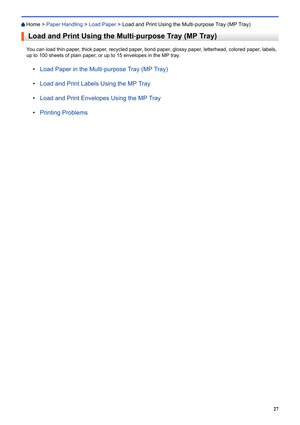 Load and print using the multi, Purpose tray (mp tray) | Brother HLL9410CDN Enterprise Color Laser Printer User Manual | Page 32 / 334