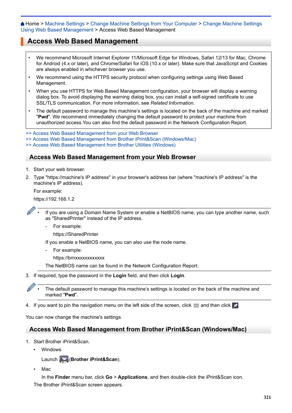 Access web based management, Access web based management from your web browser | Brother HLL9410CDN Enterprise Color Laser Printer User Manual | Page 326 / 334