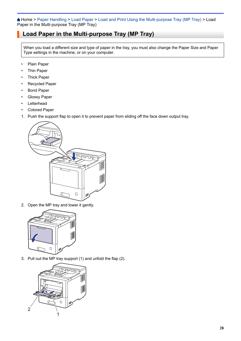 Load paper in the multi‑purpose tray (mp tray), Load paper in the multi, Purpose tray (mp tray) | Load paper in the multi ‑ purpose tray (mp tray) | Brother HLL9410CDN Enterprise Color Laser Printer User Manual | Page 33 / 334