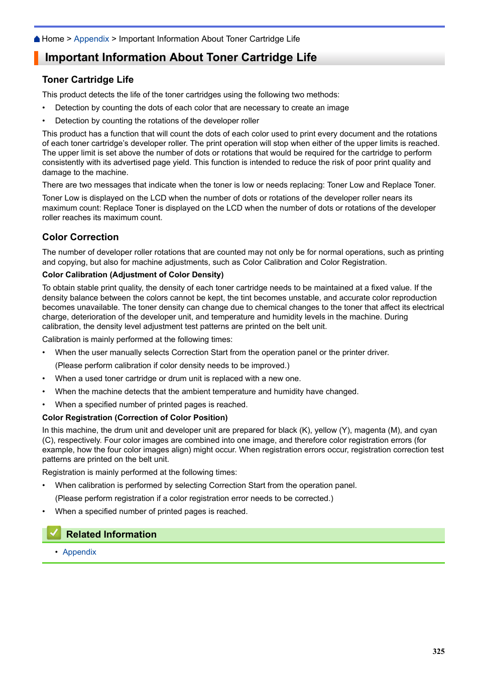 Important information about toner cartridge life | Brother HLL9410CDN Enterprise Color Laser Printer User Manual | Page 330 / 334