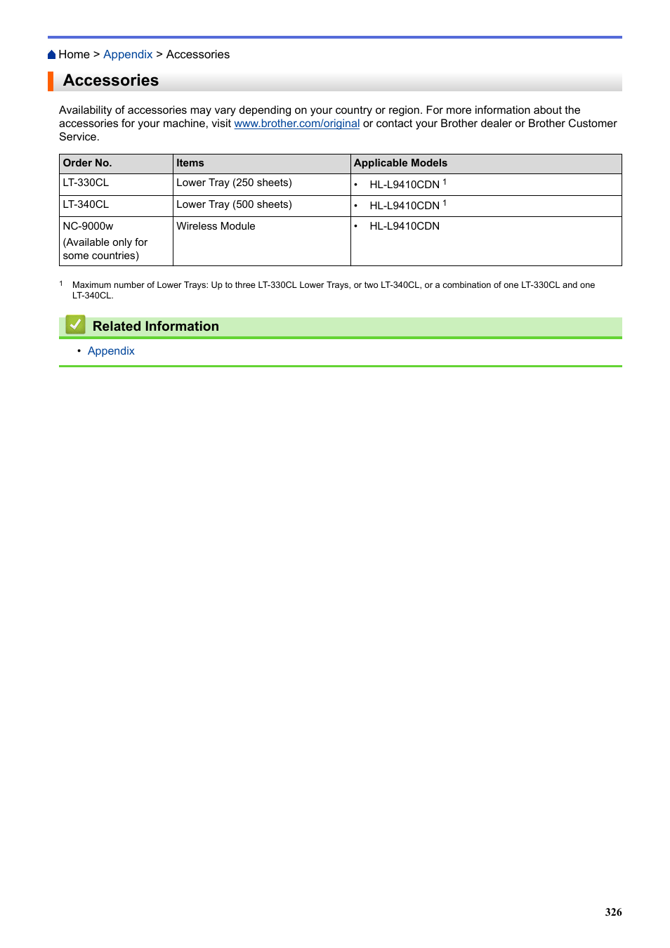 Accessories, Related information | Brother HLL9410CDN Enterprise Color Laser Printer User Manual | Page 331 / 334
