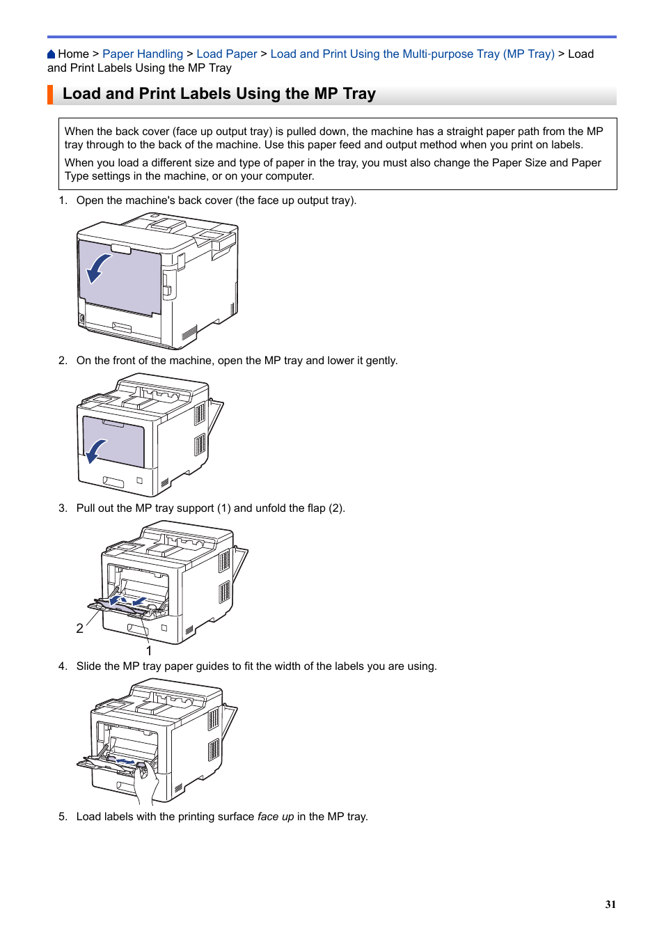 Load and print labels using the mp tray | Brother HLL9410CDN Enterprise Color Laser Printer User Manual | Page 36 / 334
